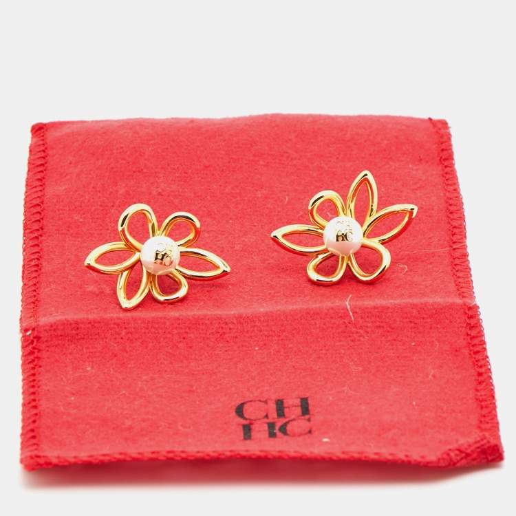 Pre Owned Carolina Herrera  CH Faux Pearl Gold  Tone Earrings