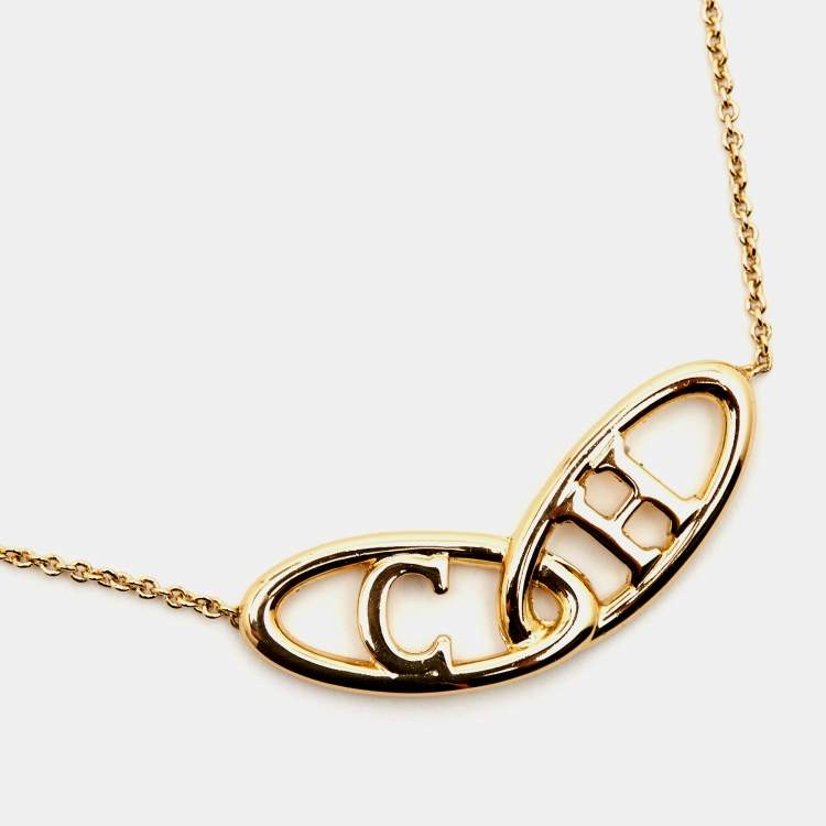 Pre Owned Carolina Herrera CH Gold Tone Logo Pendant Necklace