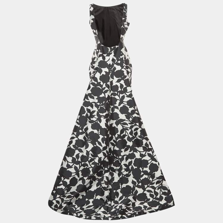 Pre Owned CH Carolina Herrera Black/White Floral Print Scoop Back Sleeveless Gown L