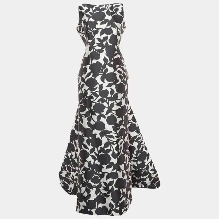 Pre Owned CH Carolina Herrera Black/White Floral Print Scoop Back Sleeveless Gown L