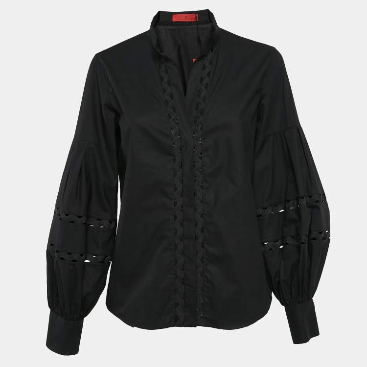 Pre Owned Carolina Herrera Black Cotton Lace Trim Puff Sleeve Shirt M