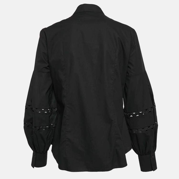 Pre Owned Carolina Herrera Black Cotton Lace Trim Puff Sleeve Shirt M