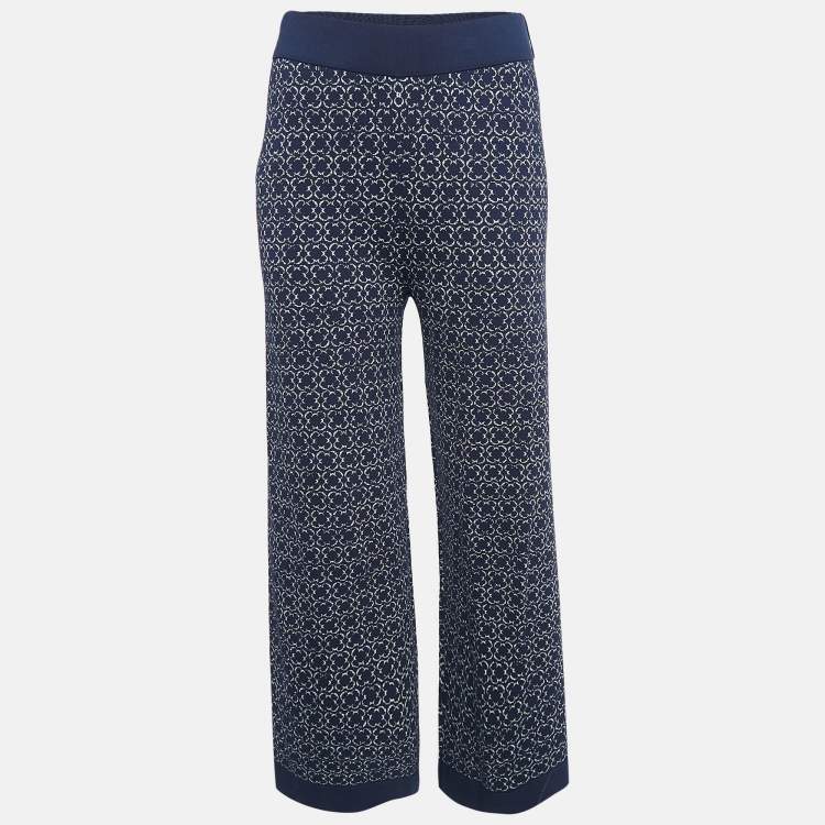 Pre Owned Carolina Herrera Navy Blue Patterned Jersey Wide-Leg Pants XS