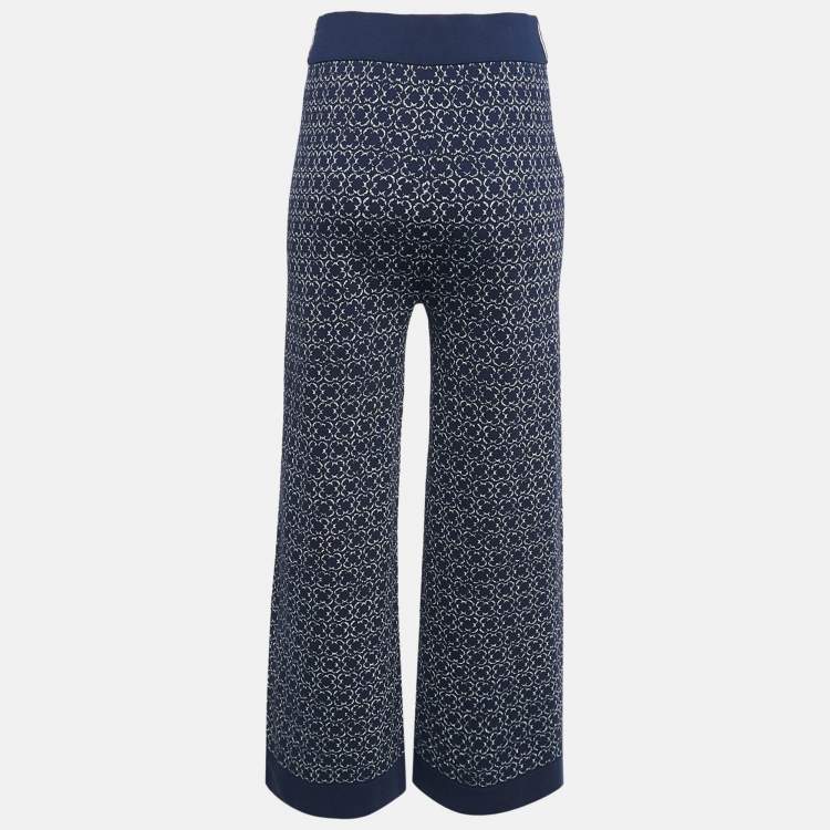 Pre Owned Carolina Herrera Navy Blue Patterned Jersey Wide-Leg Pants XS