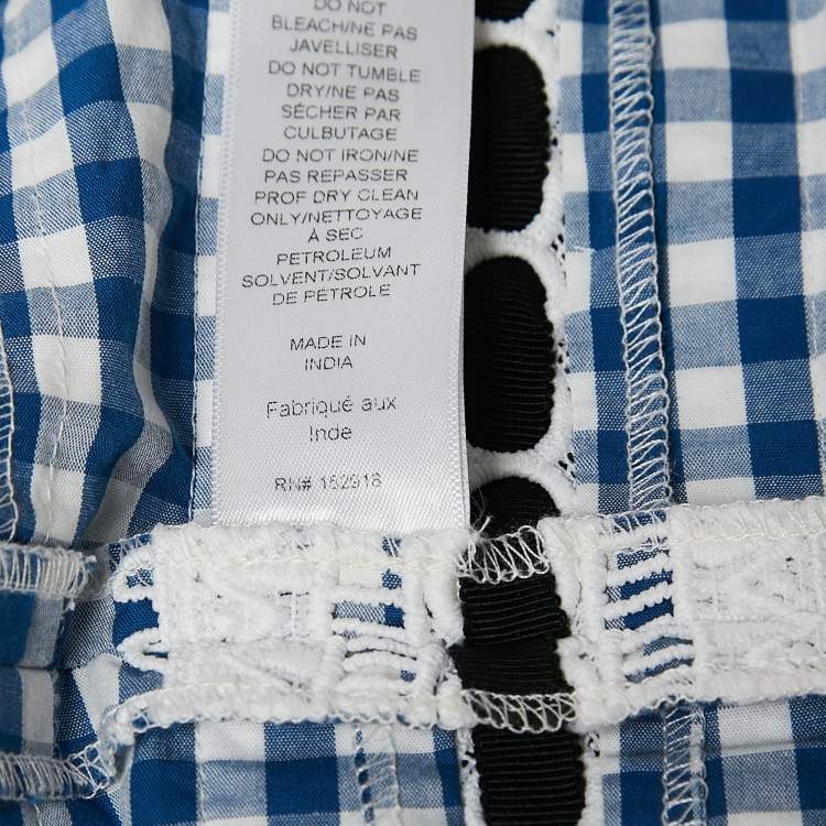 Pre Owned Carolina Herrera Blue Lace Trim Checked Cotton Midi Dress L
