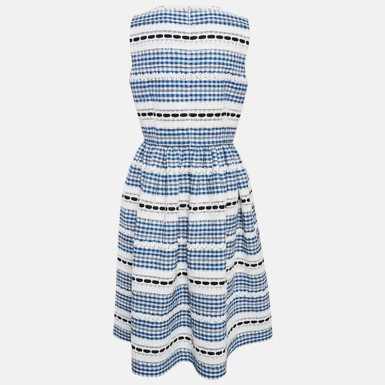 Pre Owned Carolina Herrera Blue Lace Trim Checked Cotton Midi Dress L