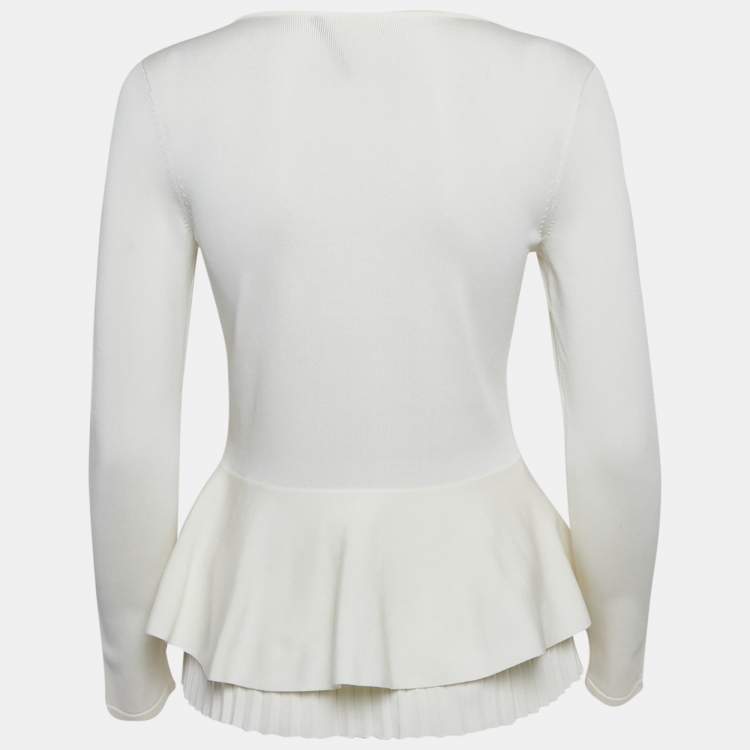 Pre Owned CH Carolina Herrera White Jersey Pleat Detail Hem Blouse XS