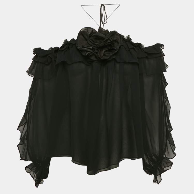 Pre Owned Carolina Herrera Black Silk Floral Detail Off-Shoulder Top M