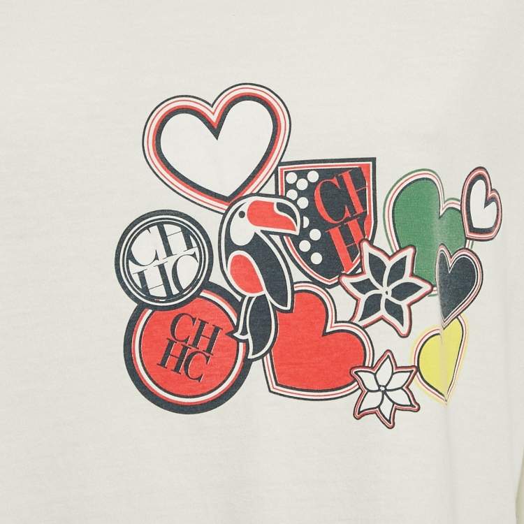 Pre Owned Carolina Herrera Ivory Hearts Print Jersey T-Shirt L