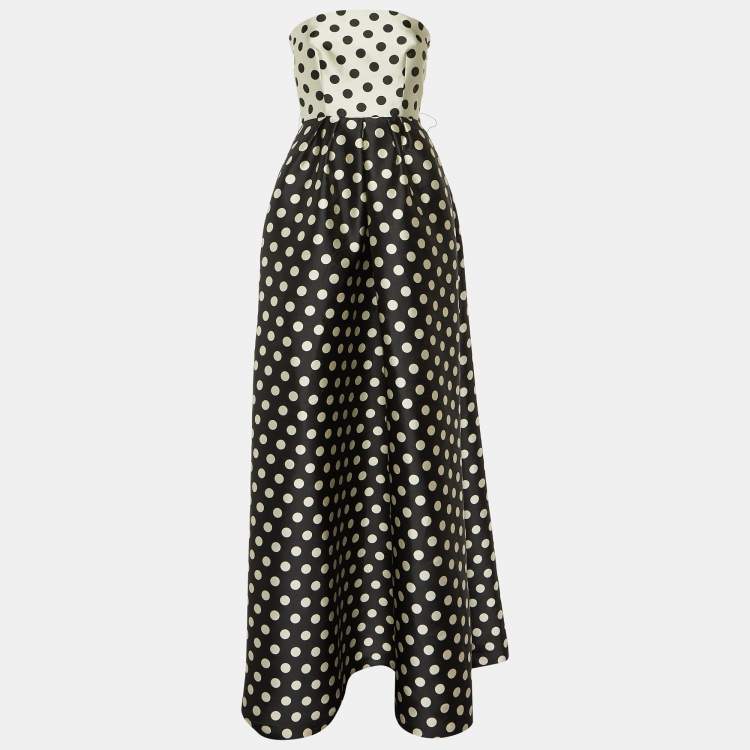 Pre Owned CH Carolina Herrera Monochrome Polka Dot Faille Strapless Gown S
