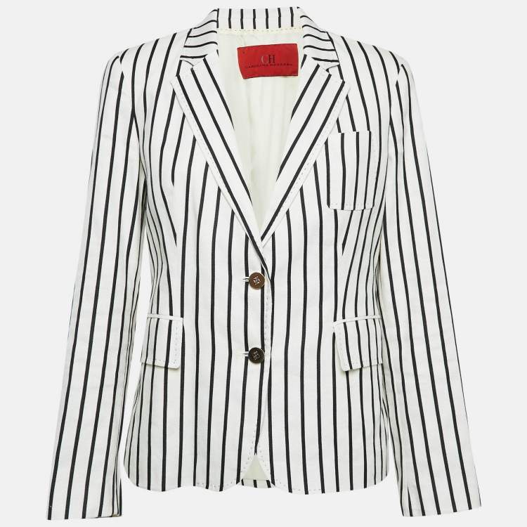 Pre Owned CH Carolina Herrera White/Black Stripe Linen Blend Blazer L