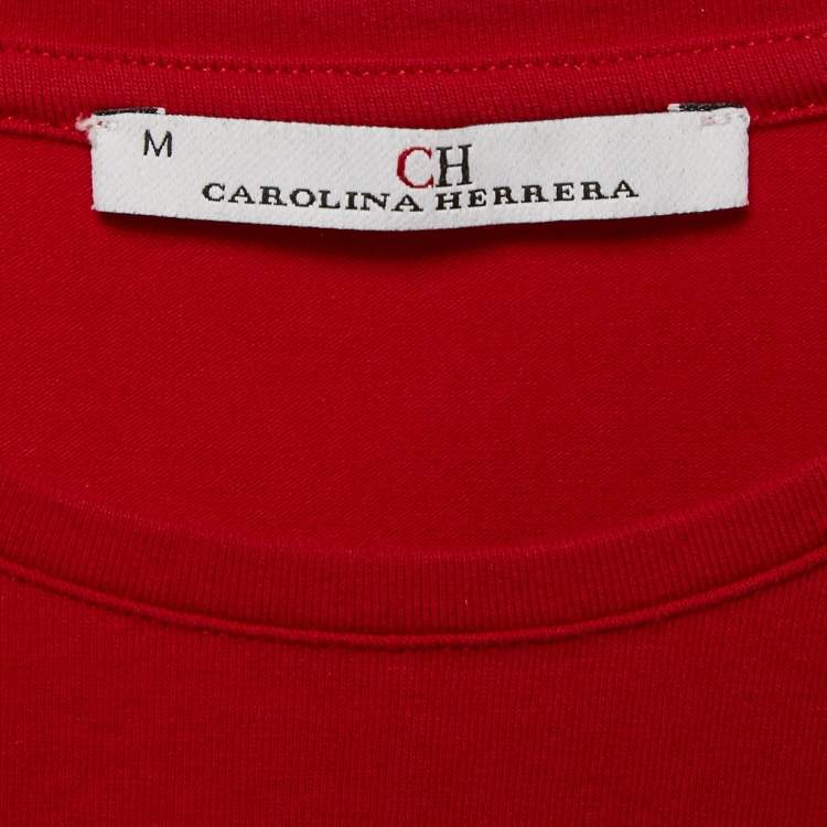 Pre Owned CH Carolina Herrera Red Cotton Floral Logo Embroidery T-Shirt M