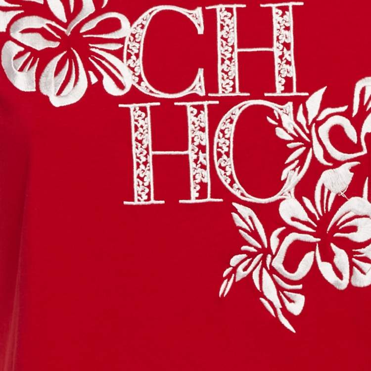Pre Owned CH Carolina Herrera Red Cotton Floral Logo Embroidery T-Shirt M
