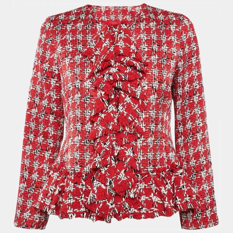 Pre Owned Carolina Herrera Red Tweed Ruffled Jacket M