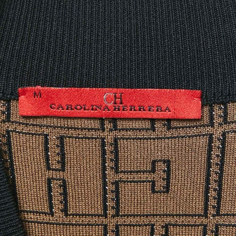 Pre Owned Carolina Herrera Black Logo Jacquard Zip-Up Belted Short Dress M