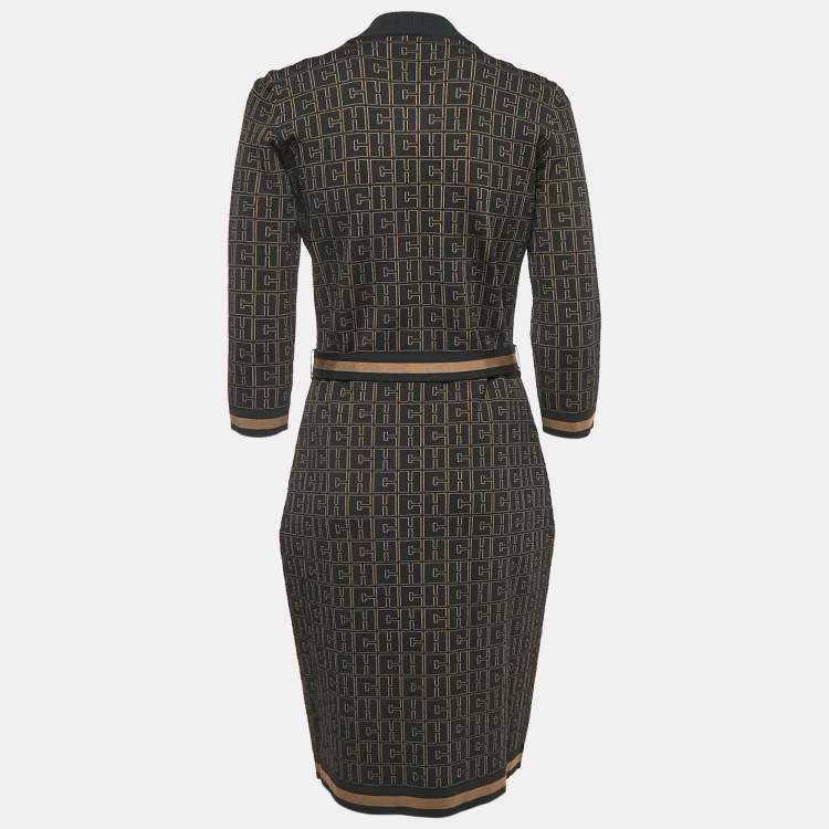 Pre Owned Carolina Herrera Black Logo Jacquard Zip-Up Belted Short Dress M