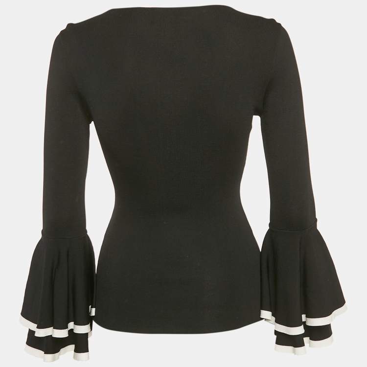 Pre Owned Carolina Herrera Black Stretch Knit Bell Sleeve Top XS