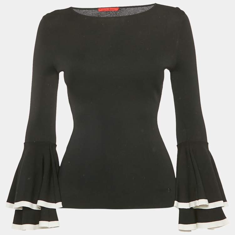Pre Owned Carolina Herrera Black Stretch Knit Bell Sleeve Top XS