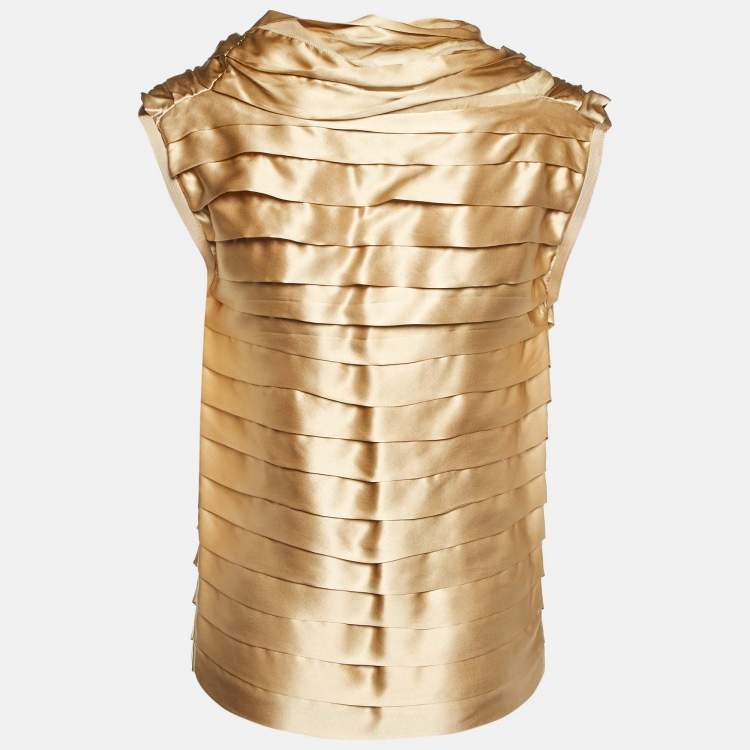 Pre Owned CH Carolina Herrera Gold Silk Satin Pleated Top S