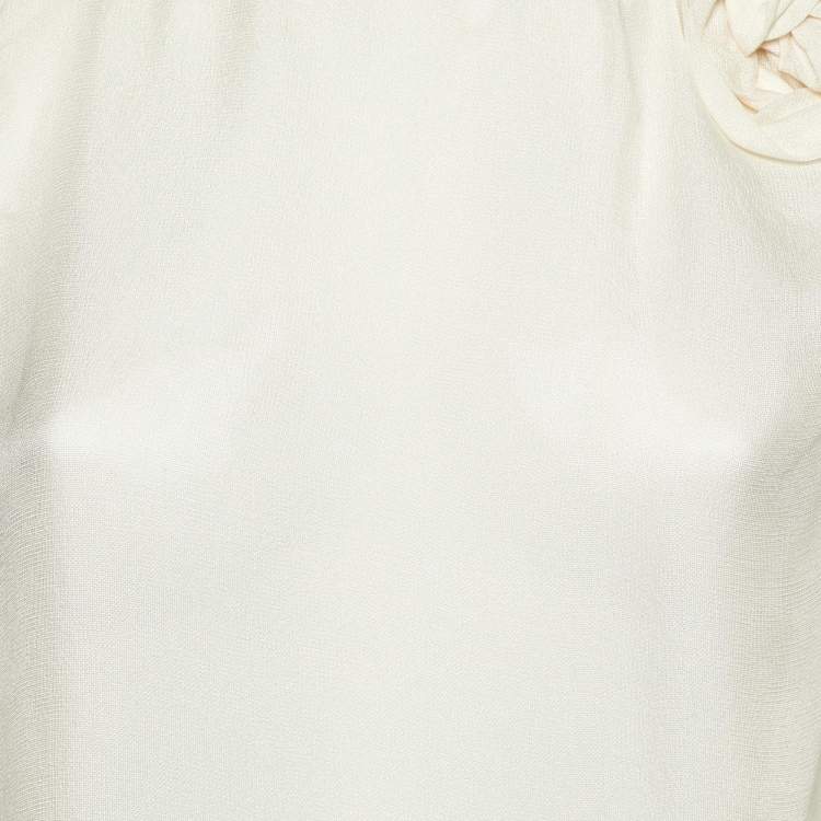 Pre Owned Carolina Herrera Off-White Silk Rose Embellish Detail Sleeveless Top M