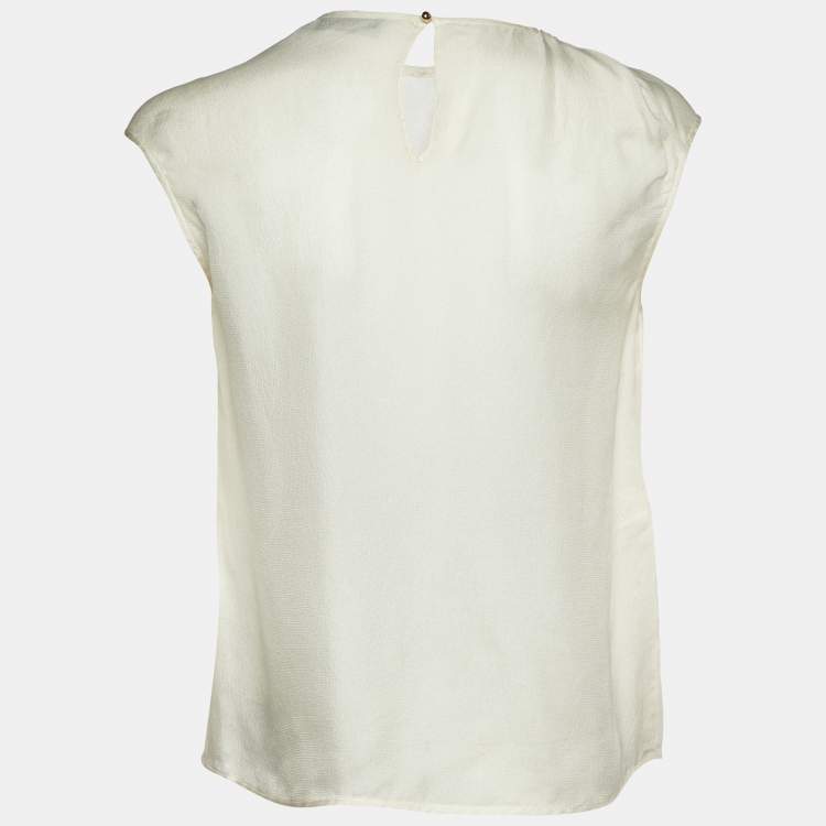 Pre Owned Carolina Herrera Off-White Silk Rose Embellish Detail Sleeveless Top M