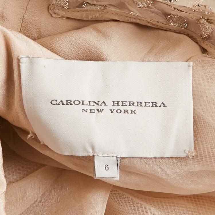 Pre Owned Carolina Herrera Beige Fil Coupe Jacquard Crystal Embellished Gown M