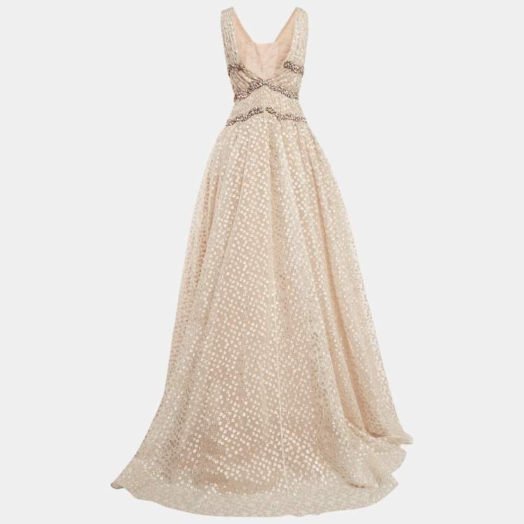 Pre Owned Carolina Herrera Beige Fil Coupe Jacquard Crystal Embellished Gown M