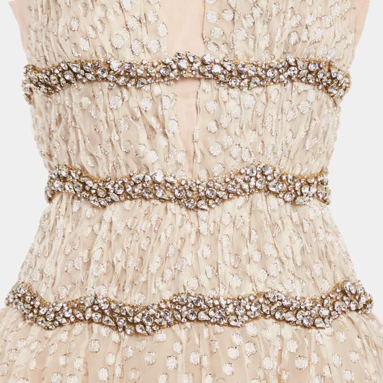 Pre Owned Carolina Herrera Beige Fil Coupe Jacquard Crystal Embellished Gown M