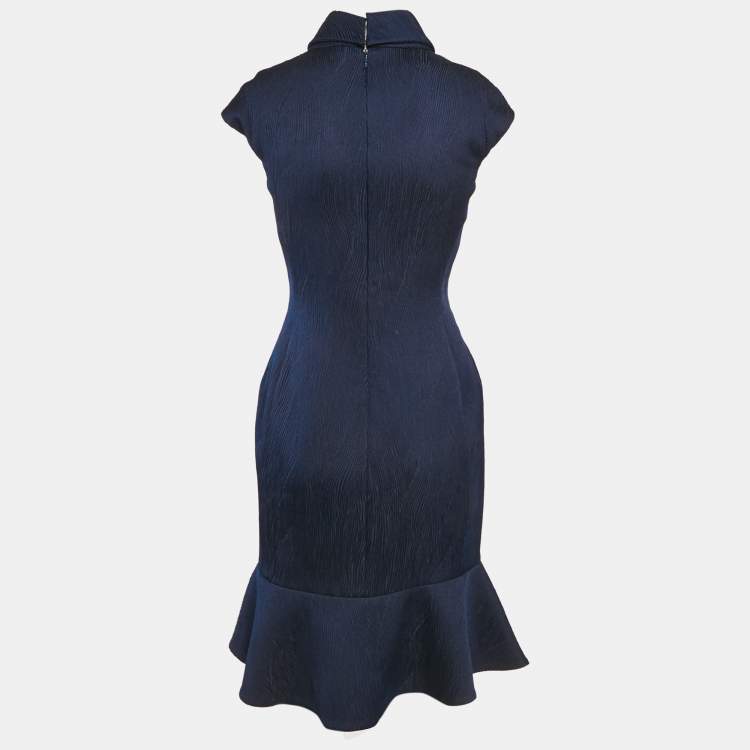 Pre Owned Carolina Herrera Navy Blue Textured Crepe Flounce Short Dress S