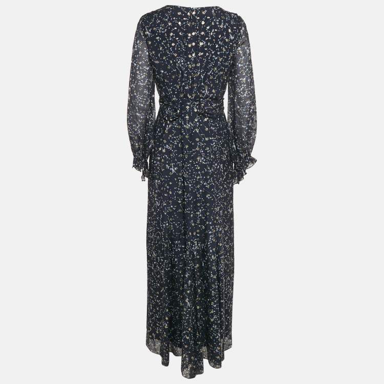 Pre Owned Carolina Herrera Navy Blue Printed Lurex Silk Maxi Dress M