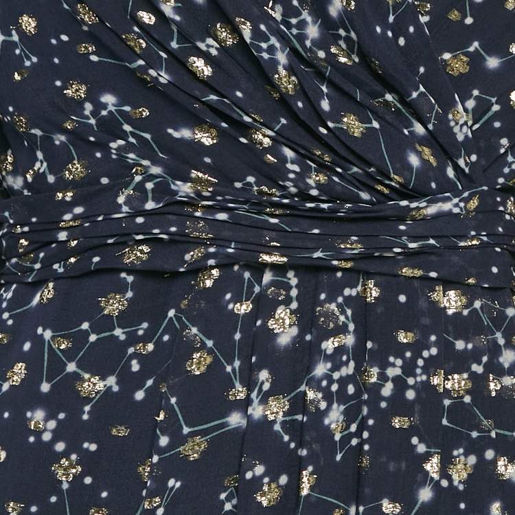 Pre Owned Carolina Herrera Navy Blue Printed Lurex Silk Maxi Dress M