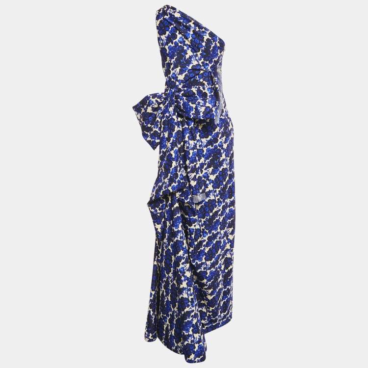 Pre Owned Carolina Herrera Blue Rose Print Cotton Blend One Shoulder Maxi Dress L