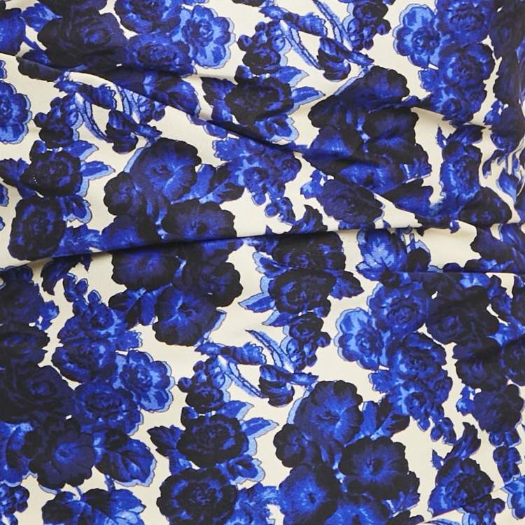 Pre Owned Carolina Herrera Blue Rose Print Cotton Blend One Shoulder Maxi Dress L