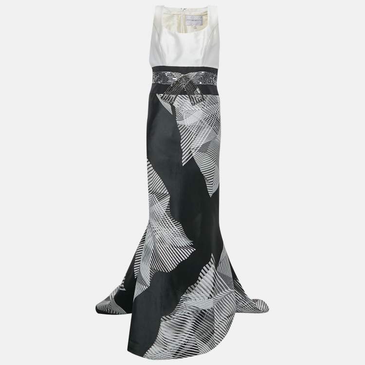 Pre Owned Carolina Herrera White & Black Silk Jacquard Embellished Detail Sleeveless Mermaid Gown L