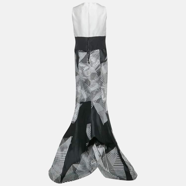 Pre Owned Carolina Herrera White & Black Silk Jacquard Embellished Detail Sleeveless Mermaid Gown L