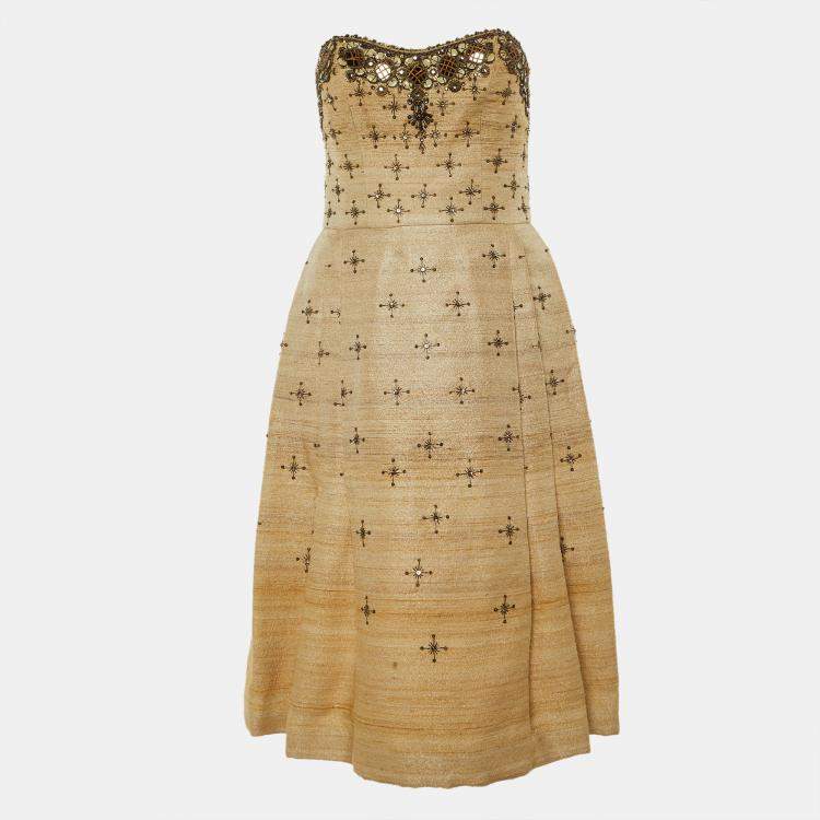 Pre Owned Carolina Herrera Beige Ombre Raw Silk Embellished Strapless Dress M