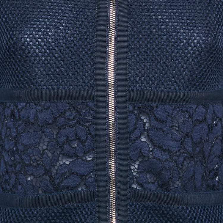 Pre Owned Carolina Herrera Navy Blue Mesh Lace Paneled Zip-Up Jacket XS