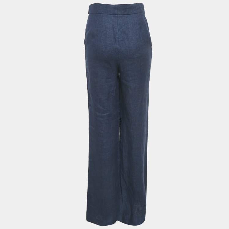 Pre Owned Carolina Herrera Blue Linen Belted Trousers XS