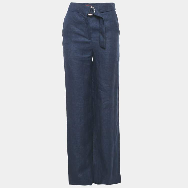 Pre Owned Carolina Herrera Blue Linen Belted Trousers XS