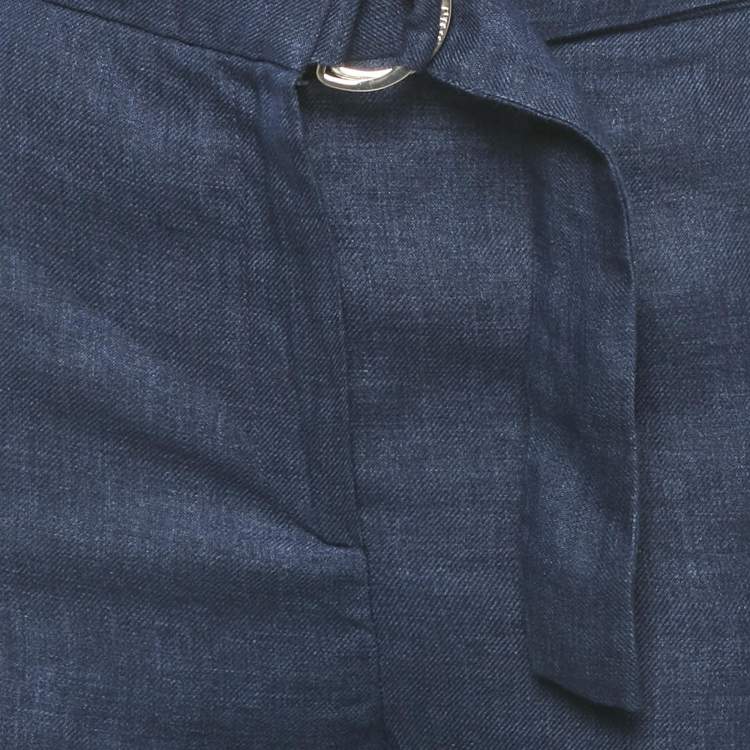 Pre Owned Carolina Herrera Blue Linen Belted Trousers XS