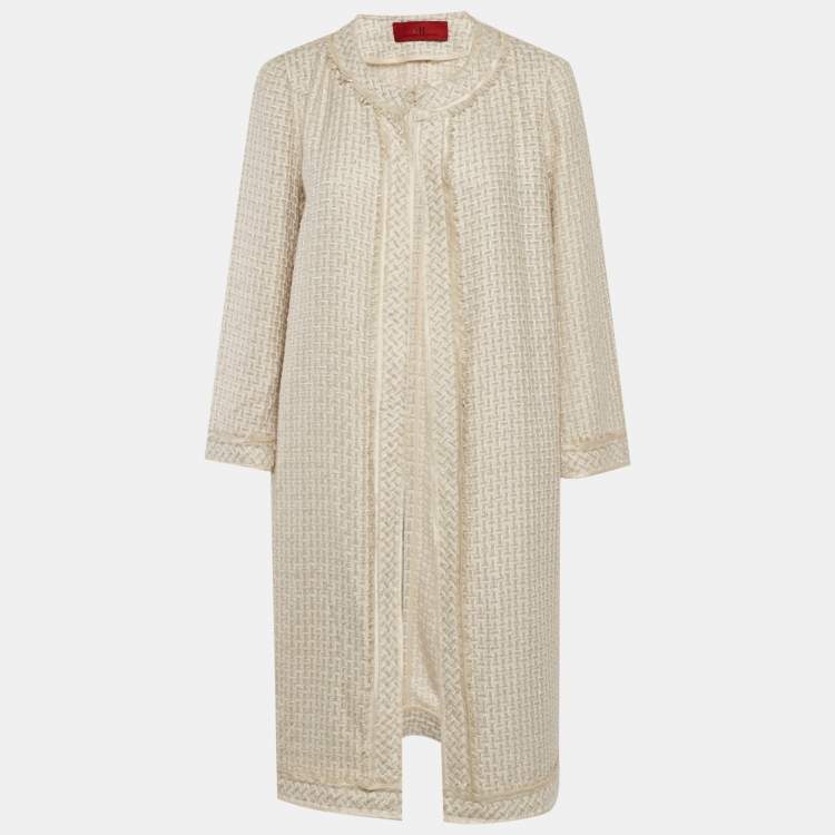 Pre Owned Carolina Herrera Beige Tweed Open Front Coat L