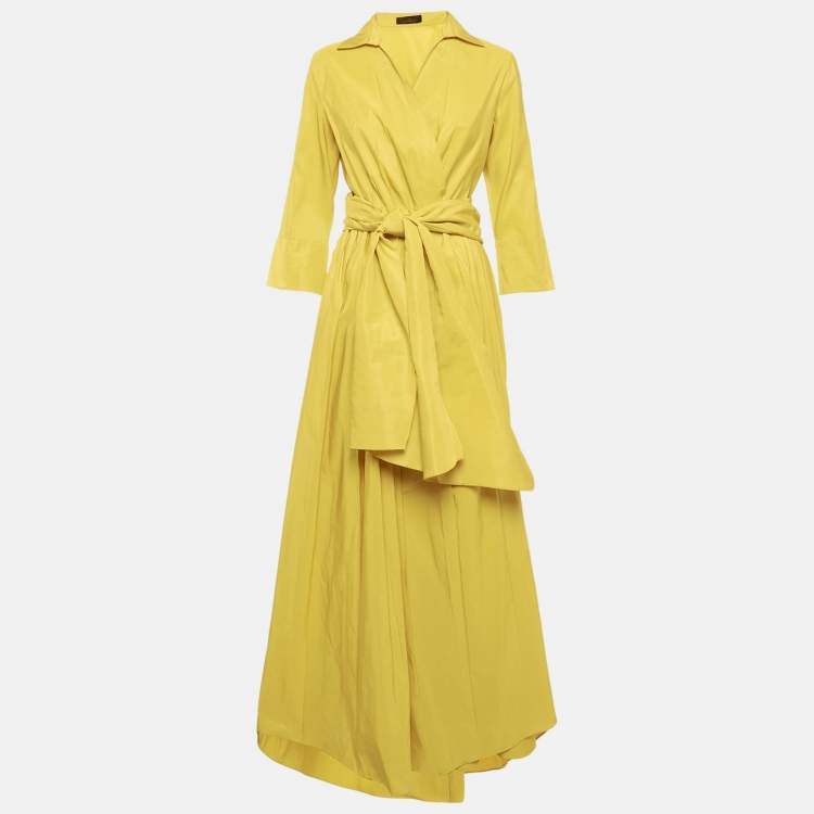 Pre Owned CH Carolina Herrera Yellow Synthetic Pleated Maxi Wrap Dress L