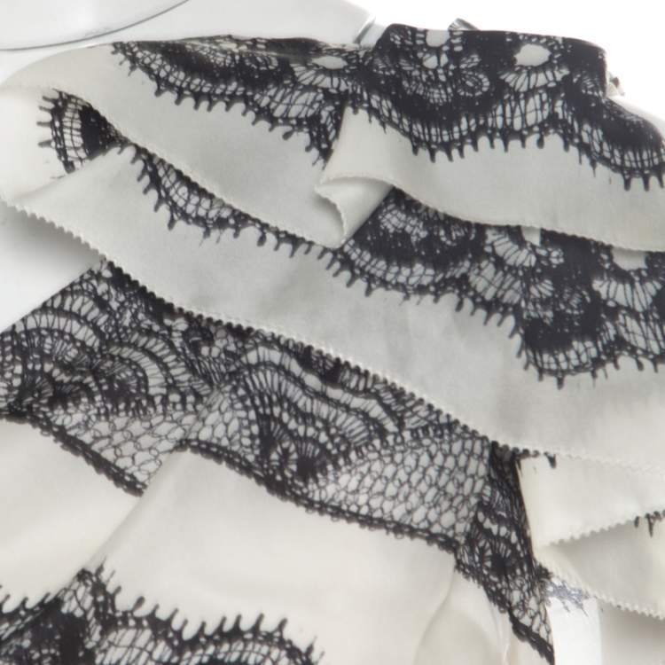 Pre Owned Carolina Herrera Monochrome Lace Print Silk One Shoulder Evening Gown L