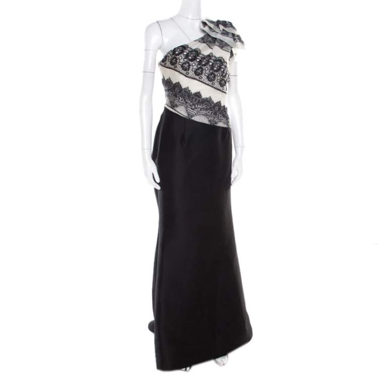 Pre Owned Carolina Herrera Monochrome Lace Print Silk One Shoulder Evening Gown L