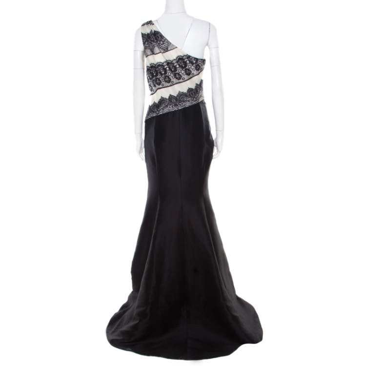 Pre Owned Carolina Herrera Monochrome Lace Print Silk One Shoulder Evening Gown L