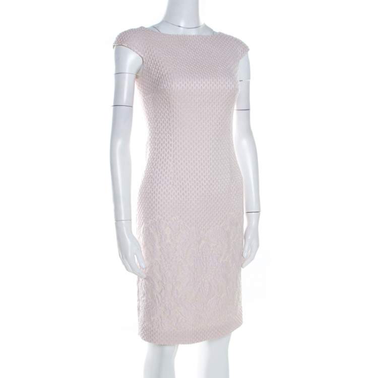 Pre Owned Carolina Herrera Pale Pink Embossed Jacquard Cap Sleeve Sheath Dress XS