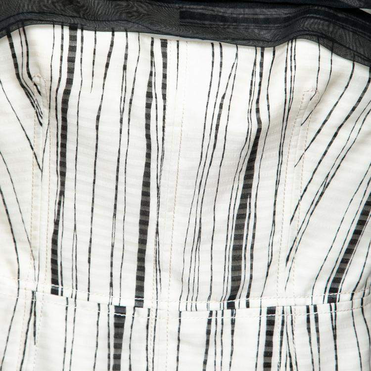 Pre Owned Carolina Herrera Monochrome Irregular Striped Silk Strapless Flounce Dress S
