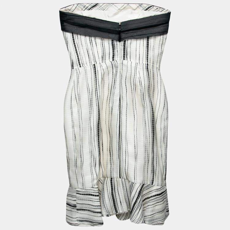 Pre Owned Carolina Herrera Monochrome Irregular Striped Silk Strapless Flounce Dress S