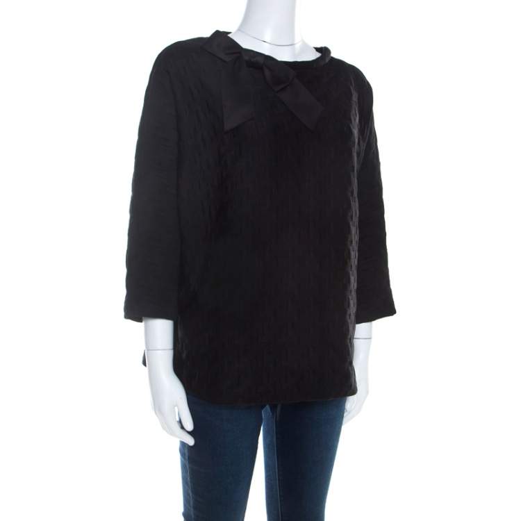 Pre Owned Carolina Herrera Black Stretch Neoprene Neck Bow Detail Top L 