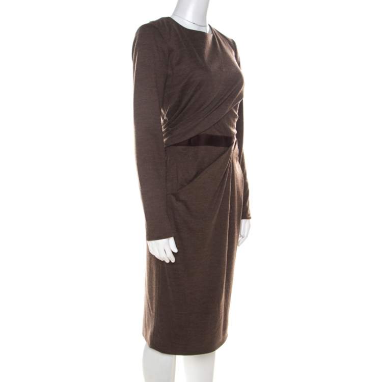 Pre Owned Carolina Herrera Brown Wool Asymmetric Draped Fitted Dress S 